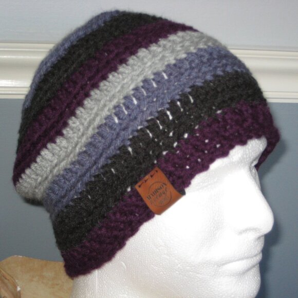 Plum Gray Stripe Hand Knit / Crochet Unisex  Winter Beanie NEW - Picture 1 of 11